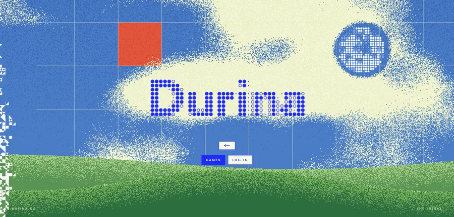 The future on durina.co: the Durina wordmark in blue dots over a pixel sky, with Games and Log in buttons