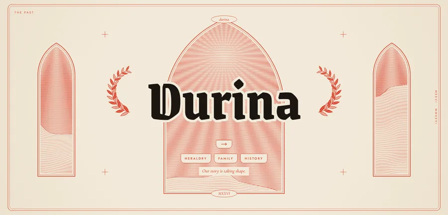 The past on durina.co: the Durina name in blackletter under an engraved arch, with Heraldry, Family and History beneath