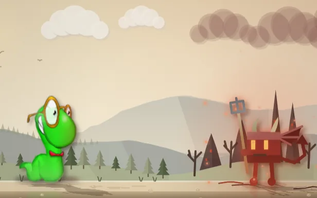 Bookworm: a green bookworm in glasses facing a red horned demon with a hammer on a dusty road