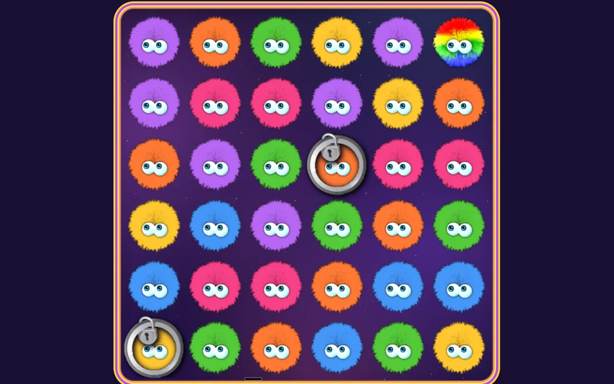 Chuzzle on durina.co: a six-by-six board of fuzzy Chuzzles with a rainbow Chuzzle and two locked ones