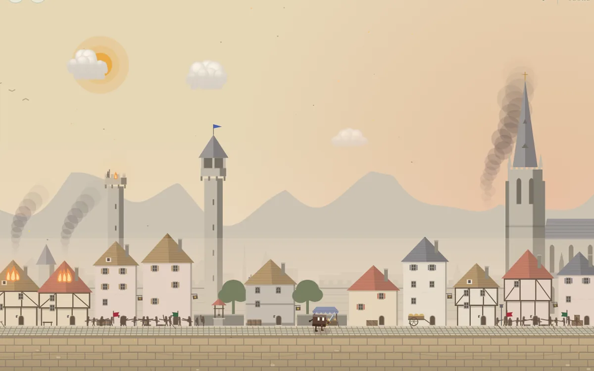Run: the runner on a cobbled road through a town under attack, with burning houses, a cathedral and soldiers