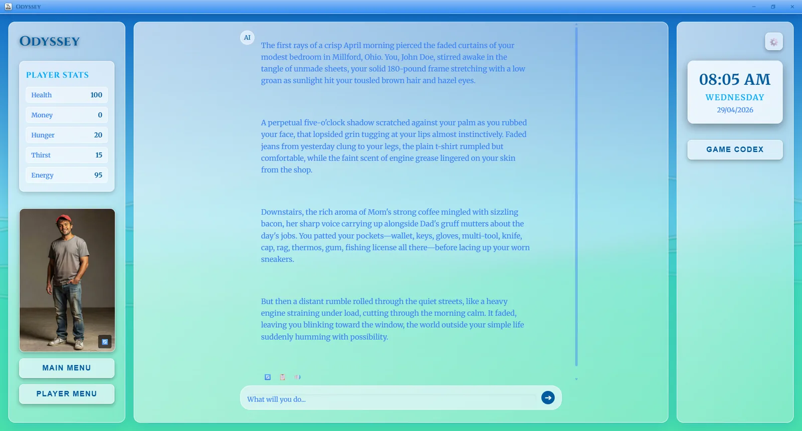 Odyssey in play: the story in the centre, the character's stats and portrait on the left, the clock and codex on the right