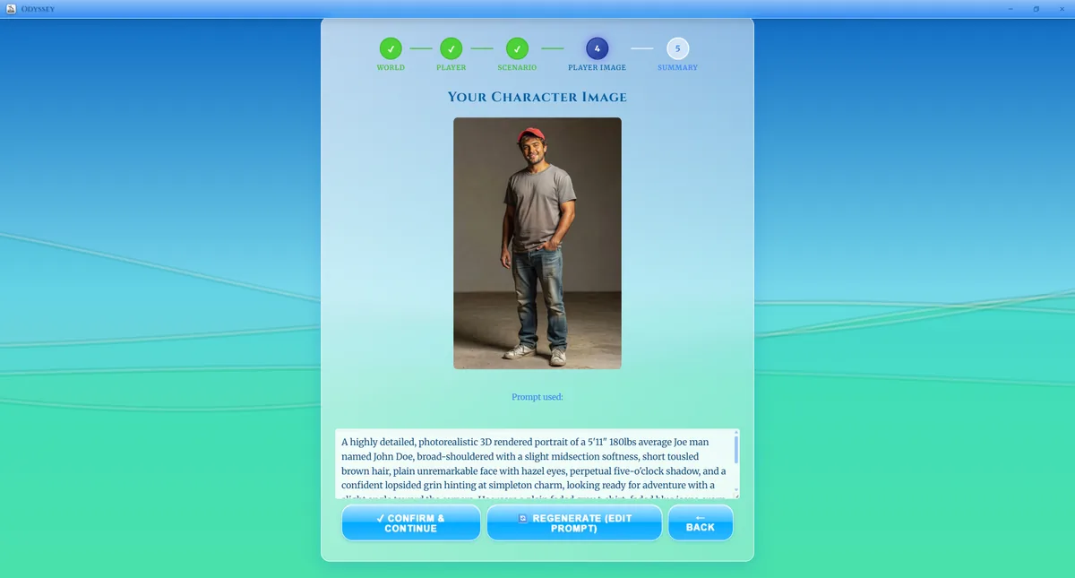 The character image step, with the prompt below the portrait