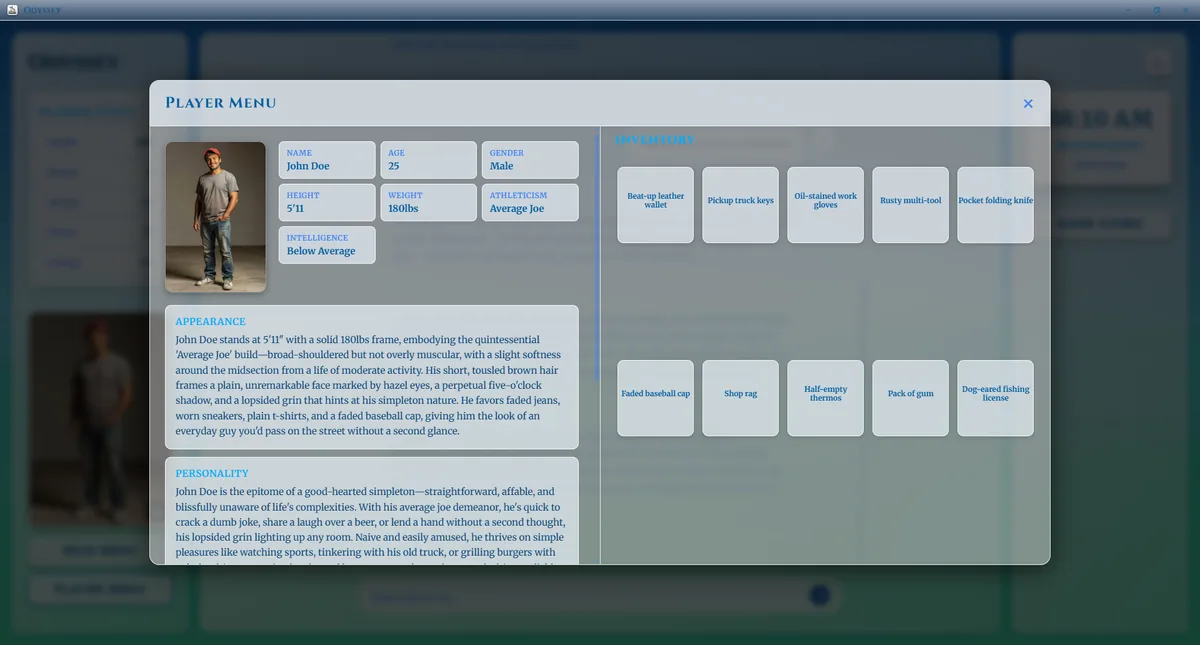 The player menu: identity, appearance, personality and an inventory grid